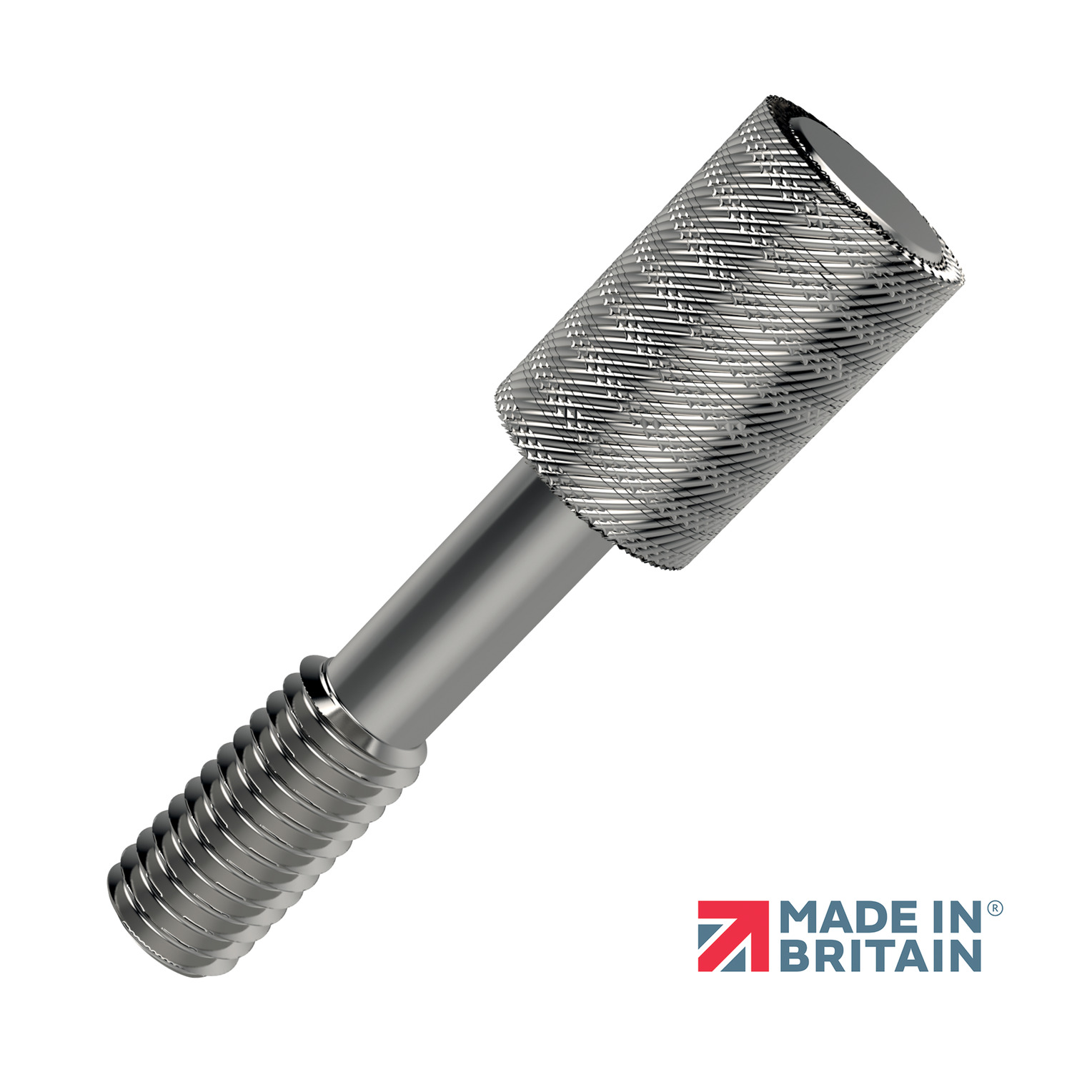 Captive Thumb Screws Captive thumb screw in stock in AISI 303 and 316 series stainless steel. Titanium version also available (more expensive). This is a special thin diameter version, also available with a black finish. See our range of captive screws here.
